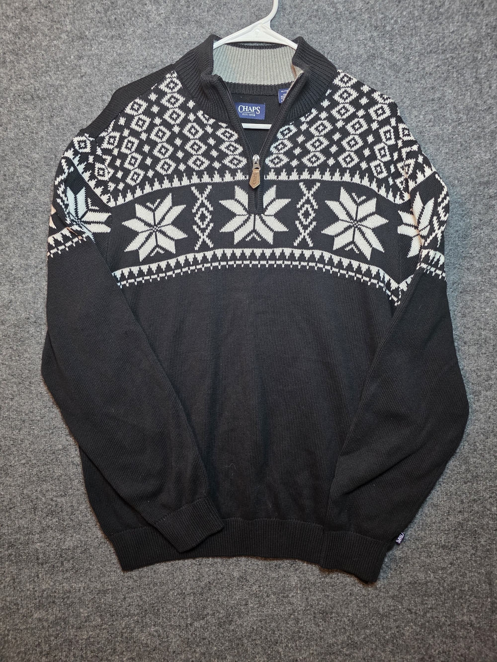 Chaps Mens Black Fair Isle Snowflake Quarter Zip Cotton Knit Sweater XL